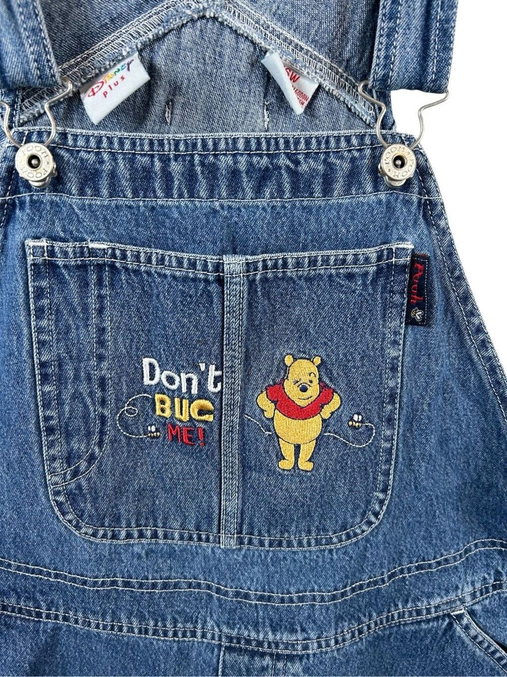 Vtg 90’s Disney Plus Winnie the Pooh Embroidered Denim Bib Overall Shorts 16W